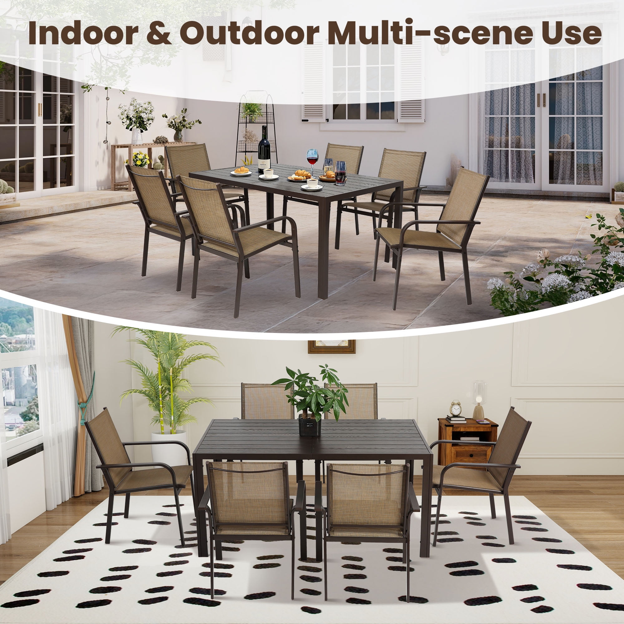 7-Piece Outdoor Dining Table Set, Patio Dining Table Set for 6, Patio Furniture Outdoor Table and Textilene Chairs, HDPE Tabletop, Reinforced Frame, Brown