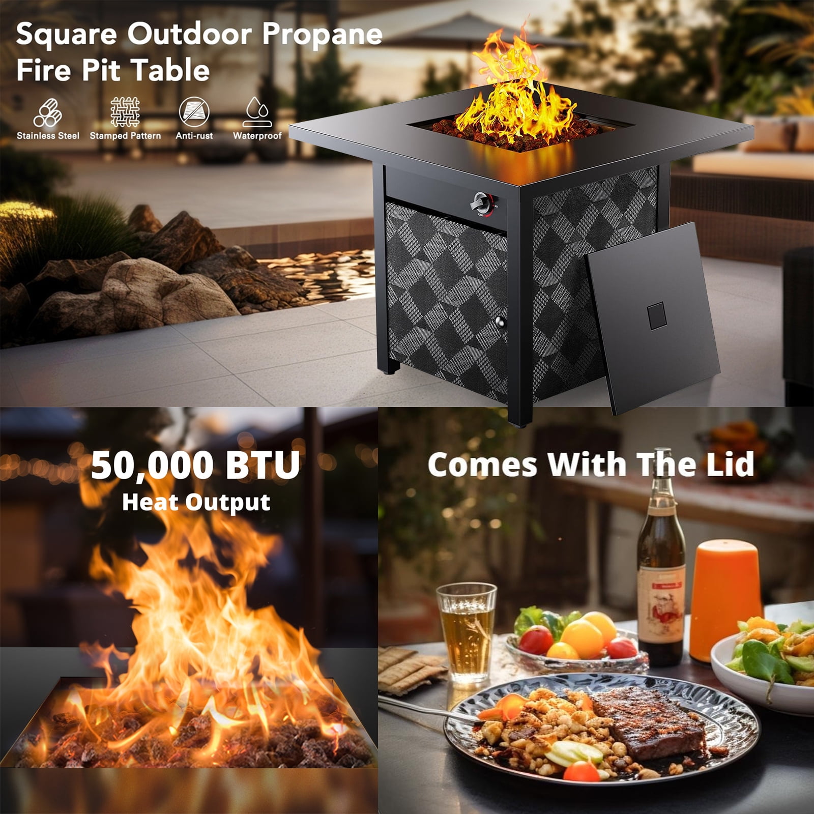 Philergo 28" Propane Fire Pit, 50,000 BTU Square Gas Fire Pit Table for Patio Garden Party with Lava Rocks, Removable Lid, CSA-Certified