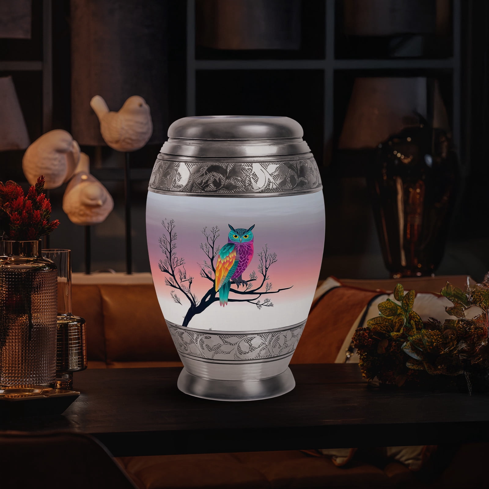 Yatskia Colorful Owl Large Cremation Urns for Human Ashes Adult Mother and Father, Burial Urn for Ashes Adult, (Monar Large, 10 Inch)