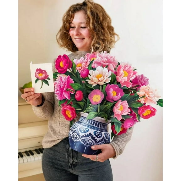 Kumdkd Luxury Peony Hand Bouquet – 19” Artificial Peonies in Elegant White Pot with Card, Wedding Centerpiece, Home Decor, Gift for Mother’s Day, Anniversary, or Events