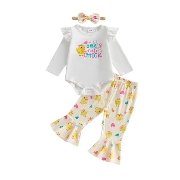 BemeyourBBs Infant Baby Girls Easter Chick Outfits Cute Girls Spring Clothes Long Sleeve Letter Print Romper Chicken Print Flared Pants Sets Headband Newbron Coming Home Outfit