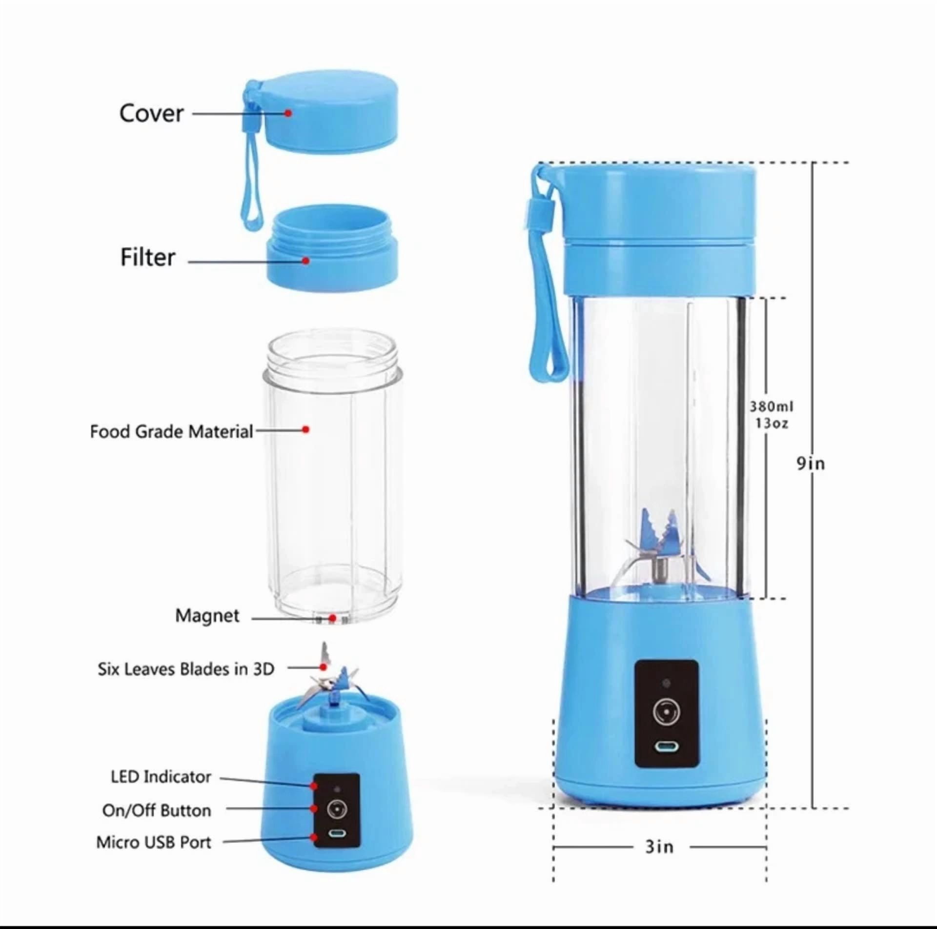 Black Portable Blender Juicer Cup Usb Rechargeable Smoothies Mixer Fruit Machine
