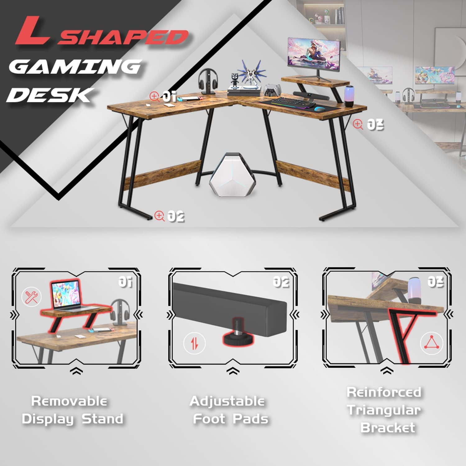 WBTER L Shaped Gaming Desk Computer Corner Desk PC Gaming Desk Table with Large Monitor Riser Stand for Home Office Sturdy Writing Workstation (Classical Brown, 51 Inch)