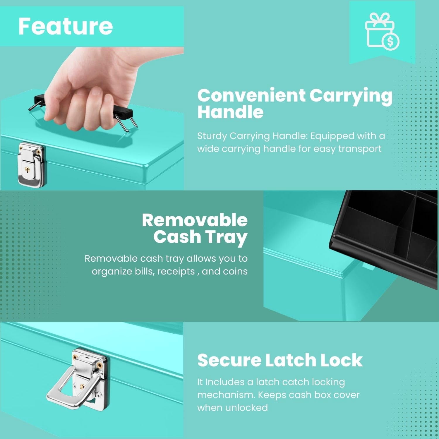 Flexzion Cash Box with Money Tray and Lock - Metal Money Box for Cash Storage with Secure Latch Lock & Key - Blue Petty Cash Box with 7 Compartment Money Tray for Small Businesses, 11x7.7x3.5 Inches