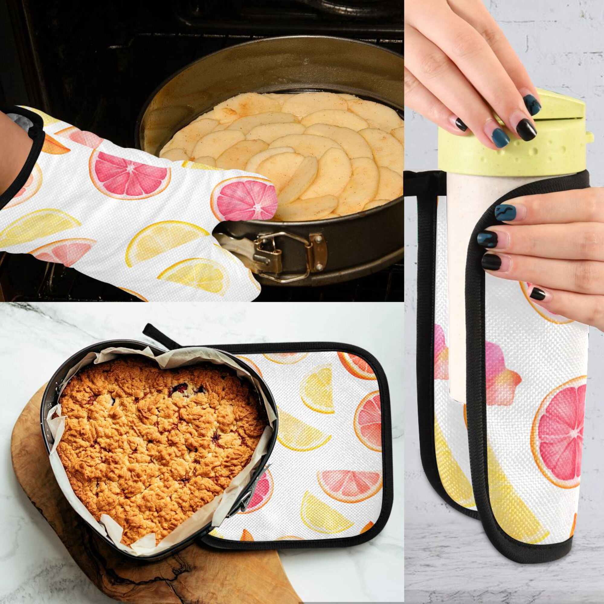 Yayeee Oven Mitts and Pot Holder Set of 4 Heat Resistant Kitchen Gloves Baking Hot Pad, White Grapefruit Slices