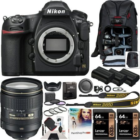 Nikon D850 FX-Format Full Frame Digital SLR DSLR Wi-Fi 4K Camera Body with AF-S FX NIKKOR 24-120mm f/4G ED VR Lens + Deco Gear Backpack Accessory Kit 2x 64GB (128GB Total) Triple Battery Pro