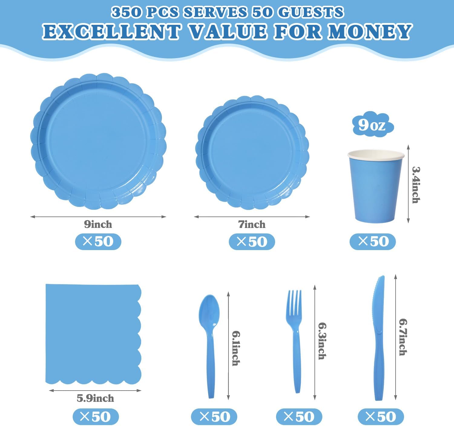 350 Pcs Blue Disposable Paper Plates and Napkins Set for 50, 9" Dinner Plates & 7" Dessert Plates, Tableware for Baby Shower, Birthday, Picnic, Party