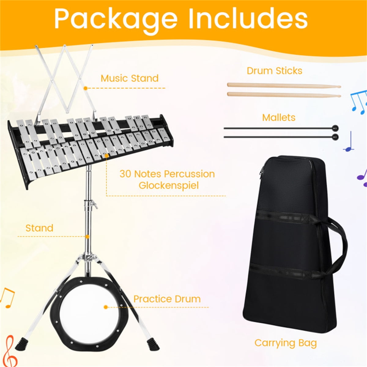 30 Notes Percussion Glockenspiel Adjustable Stand 23in-38in 22.5x14.5in Surface 10.8lbs Aluminum Bells 2.5 Octave Range Beginner Practice Kit Mallets Drumsticks 8in Pad Music Stand Carrying Bag