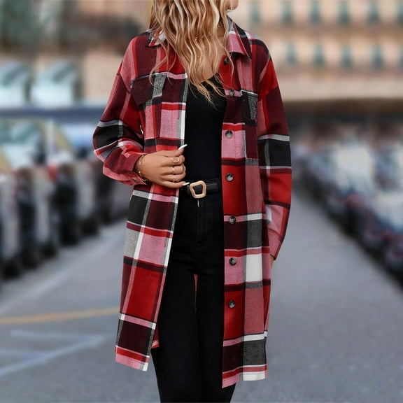 Xdegoge Plaid Jackets for Women Knee Length Long Sleeve Button Up Flannel Shirt Jacket Trendy Dressy Casual Shackets Streetwear