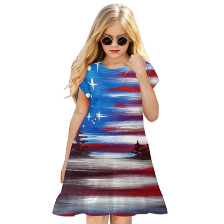 

GWAABD Girls Silm Fit Dress Pink Polyester Spandex toddler Kids Girl Fourth of July Independent Day Star Stripes Prints Short Sleeves Party Princess Dress 150