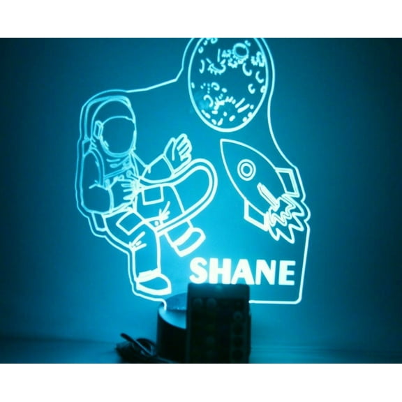 Outer Space Astronaut Rocket Ship Planet Travel Night Light Up LED Free Engraved Custom Name Personalized Table Lamp Room Decor with Remote, 16 Color Options, Dimmer, It's Wow, Great Gift