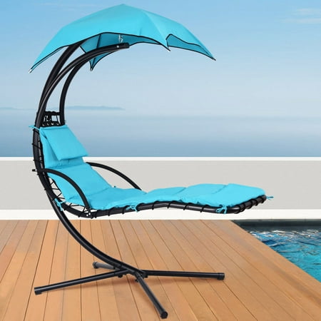 Gymax Hanging Chaise Lounger Chair Arc Stand Porch Swing Hammock Chair W/ Canopy Blue