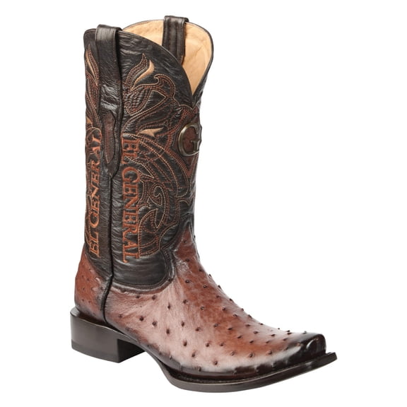 El General Men's Exotic Ostrich Leather Cowboy Boots - Brown 45516