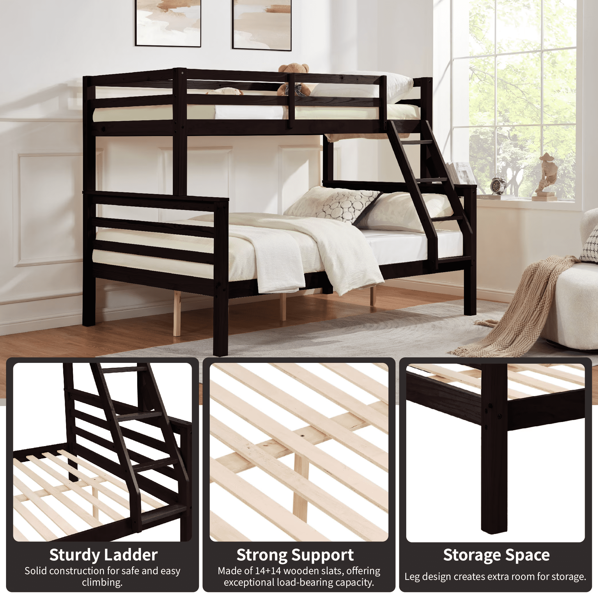 MAYEERTY Twin over Full Bunk Bed with Thick Posts, Wooden Bed Frame with High Guardrail and Ladder for Kids, No Box Spring Needed, Espresso