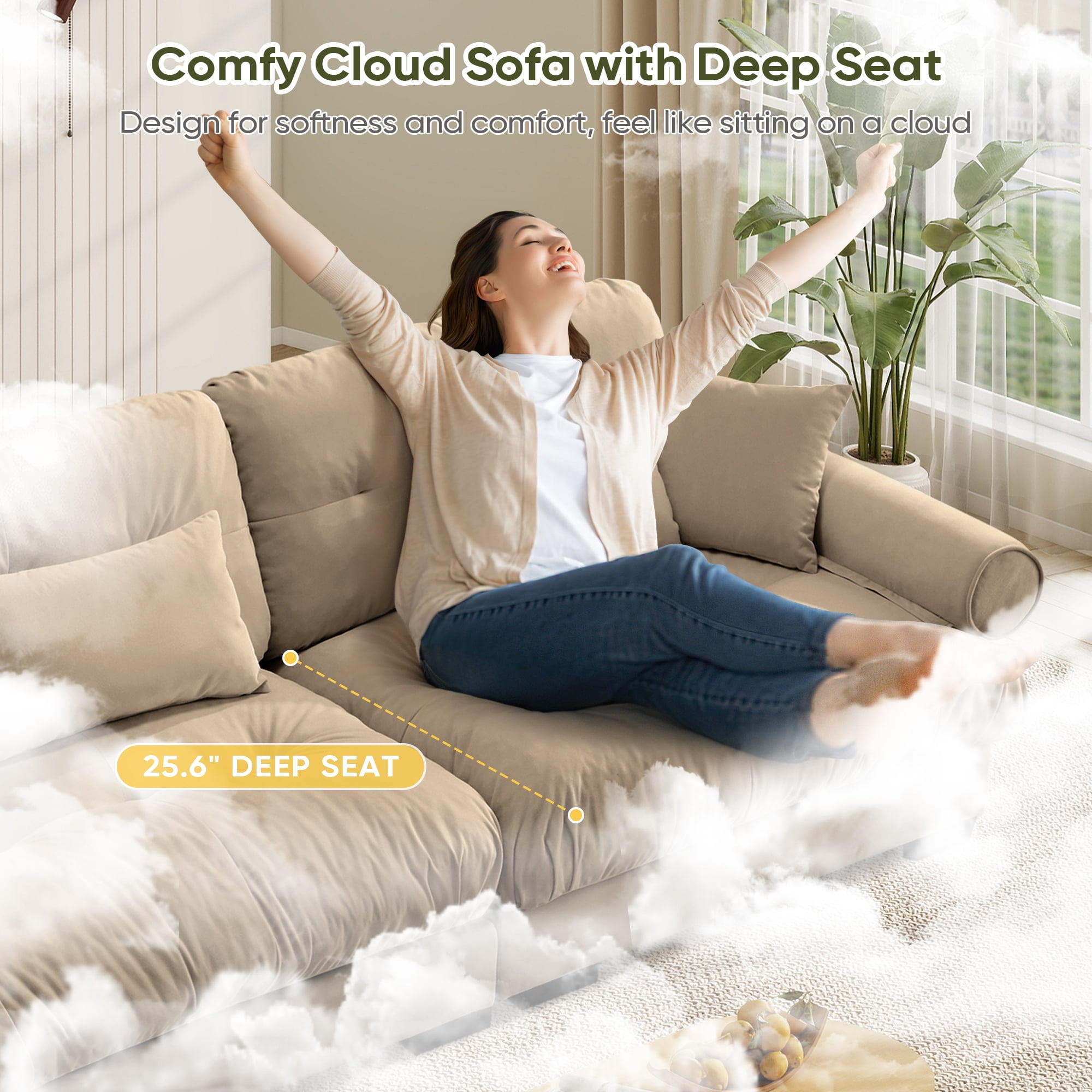 FFH Loveseat with Chaise, 93.7" Oversized U Shaped Cloud Sofa, Modular Sectional Sleeper Sofa with Bolstered Armrests (Velvet Camel, 2 Seater with 2 Ottomans)