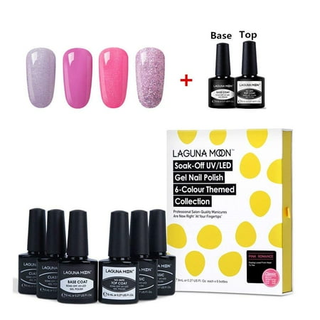 Lagunamoon Nail Kit With 4pcs Different Pink Glitter Gel Polish And Base Coat and No Wipe Top Coat Nail Polish Set 6PCS Long Lasting Lacquer 8ML - Pink