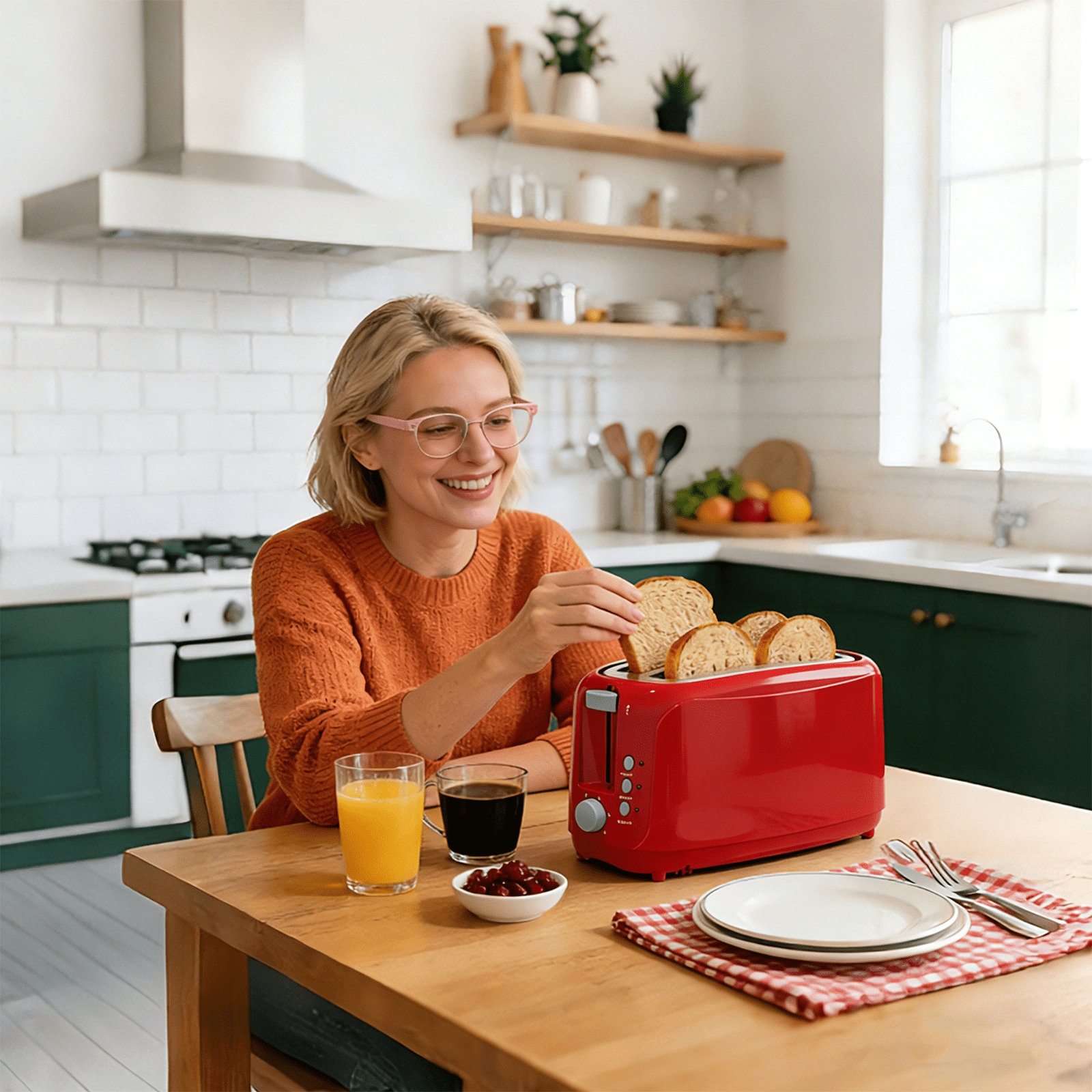 4 Slice Extra Long Slot Toaster with 6 Browning Levels & Defrost/Reheat Functions,Waffles,Red