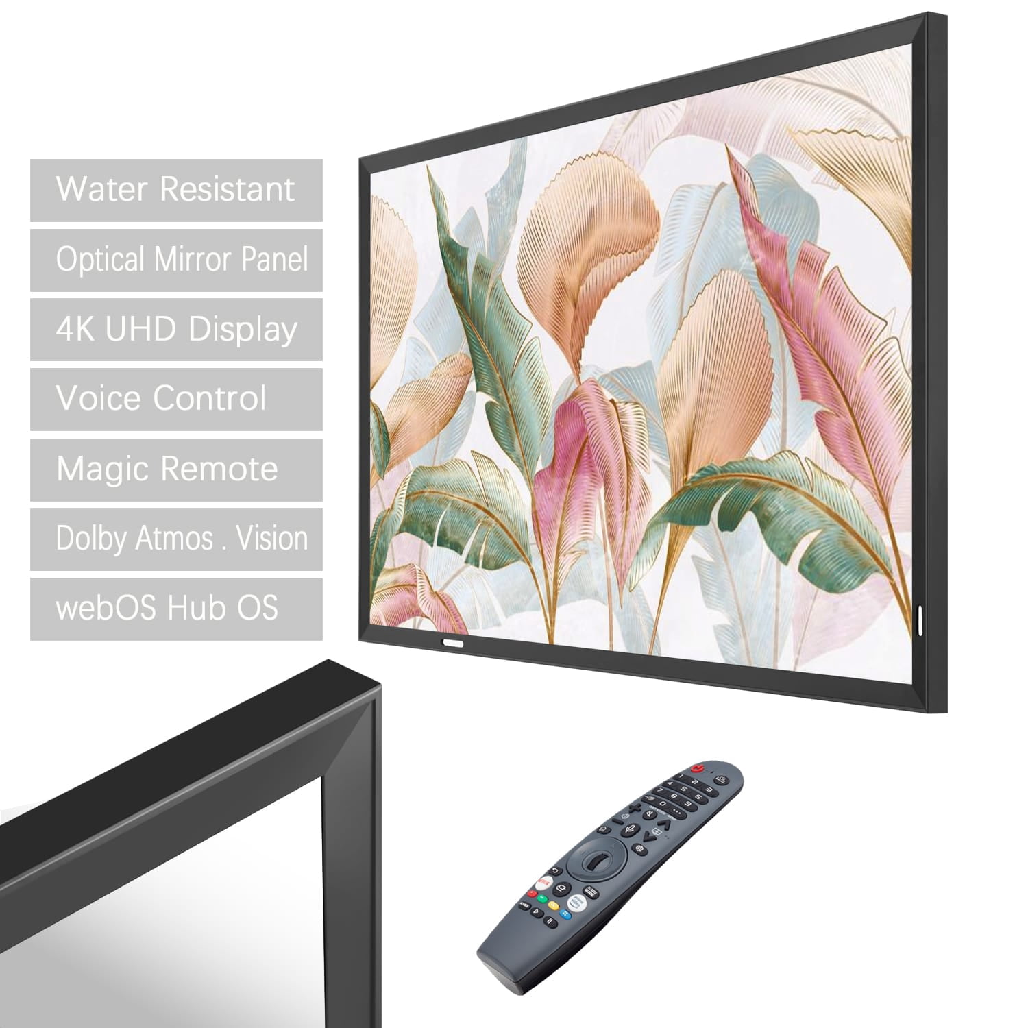 Elecsung 43 inches Smart Mirror webOS TV with Obsidian Black Frame Waterproof ATSC for Fireplace Kitchen Decor Wall-Mount Smart Gallery