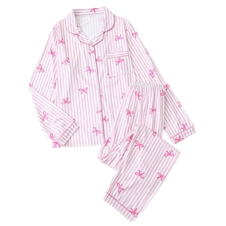 Telankuip Christmas Pajamas Womens Cute Striped Bow Printed Button down Long Sleeve Tops Wide Leg Pants 2 Piece Pjs Soft Comfort Loungewear Ladies Sleepwear 3-Light Pink M