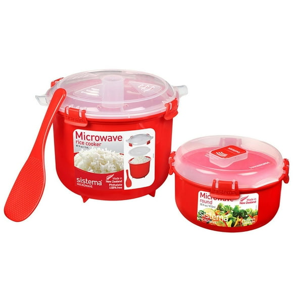 Sistema Microwave Rice Cooker (2.6L) & Round Microwave Food Container (915ml) Set, Food Containers with Steam-Release Vents, BPA-Free
