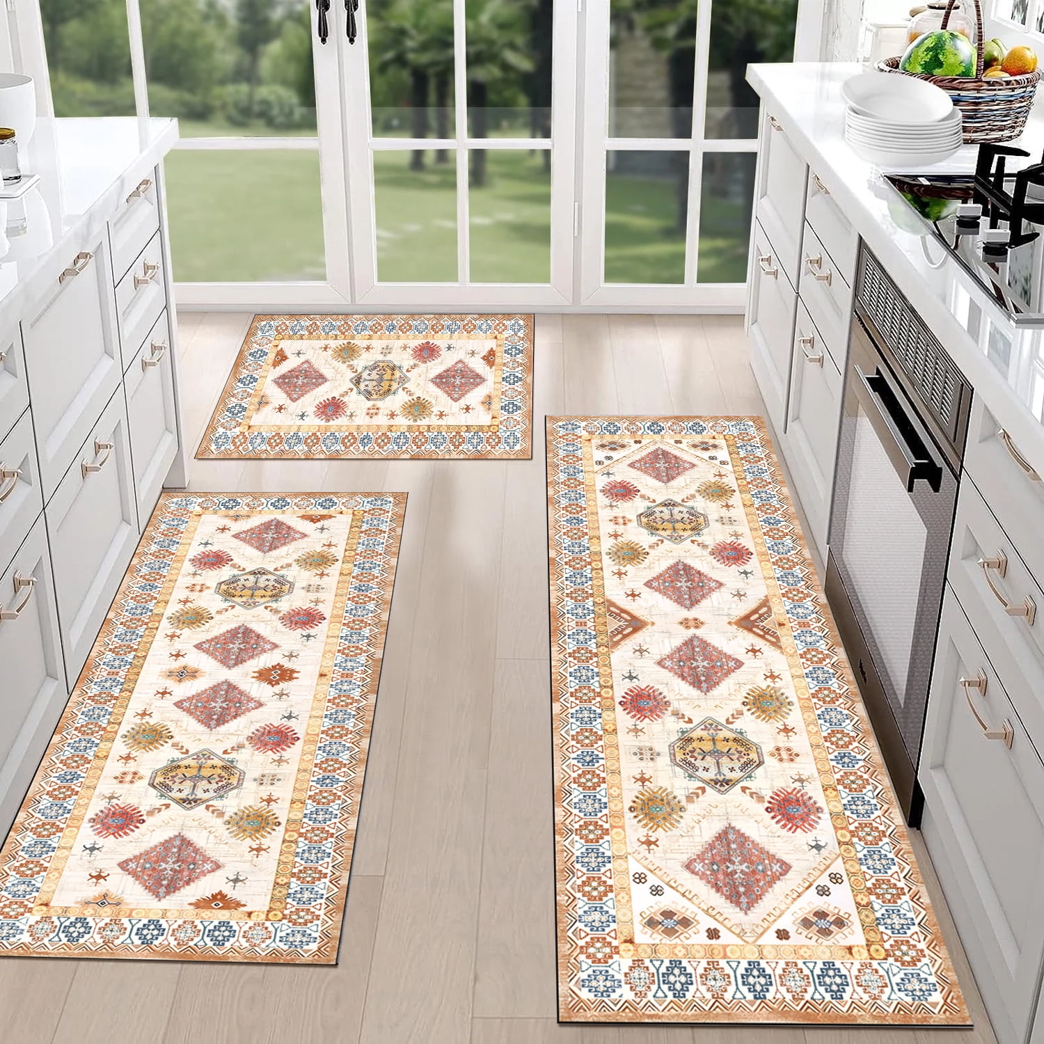 3 Piece Kitchen Rugs Set with Runner, Non-Slip TPR Cotton Backing Washable Kitchen Floor Mats, for Kitchen Laundry Hallway Bathroom