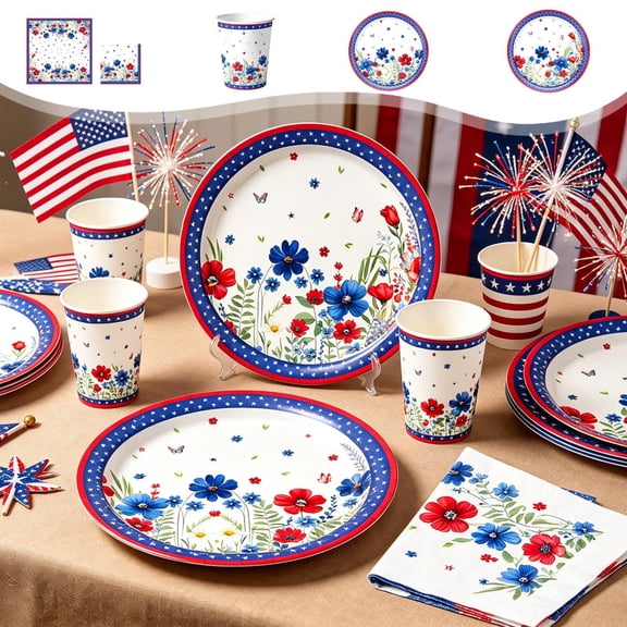 Beautynvta 4th of July Party Supplies Set, 50 Pcs 7'' Patriotic Floral Disposable Paper Plates Set, Red White Blue Decor Tableware Set for Independence Day Party Decorations