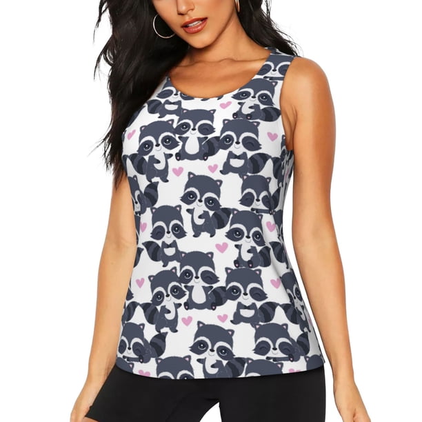 Fotbe Cartoon Raccoon Blusas Sin Mangas para Mujer – Estilo Casual, Corte Suelto, Slim-Fit, Cuello Redondo Deportivo, Tops de Verano para Gimnasio y Yoga-Large