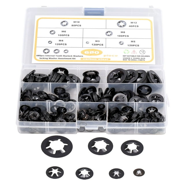 680Pcs Starlock Washers Flat Locking Internal Tooth Assortment Kit Carbon Steel M3‑M12