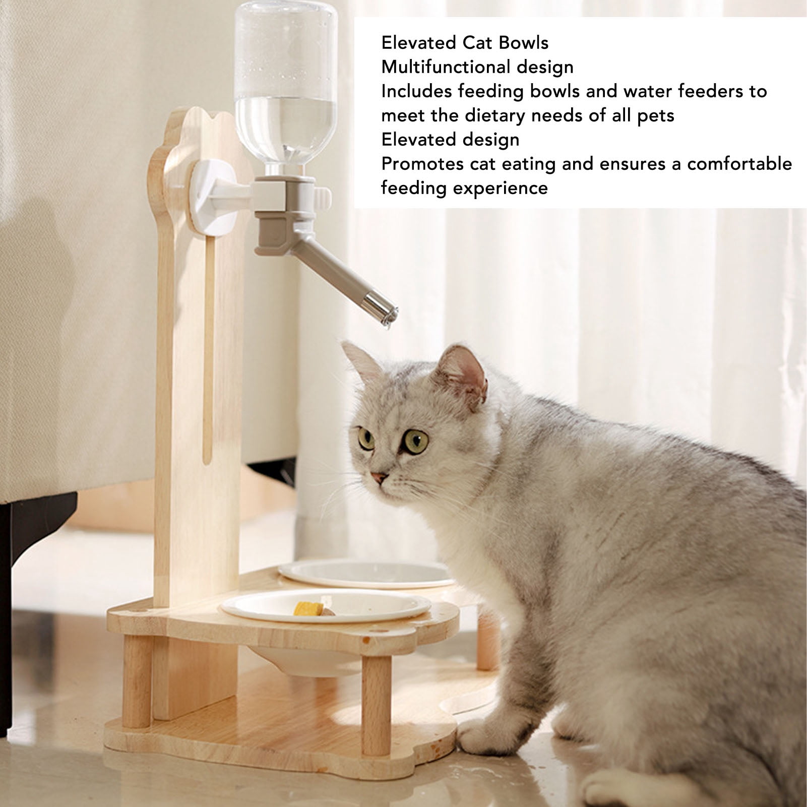 LAZIOEGR Wood Raised Cat Food Bowls Multifunctional 2-in-1 Automatic Cat Water Feeder and Food Bowl Set with Elevated Stand Gravity Water Dispenser for Dogs and Pets (15.75 inches / 40 cm)