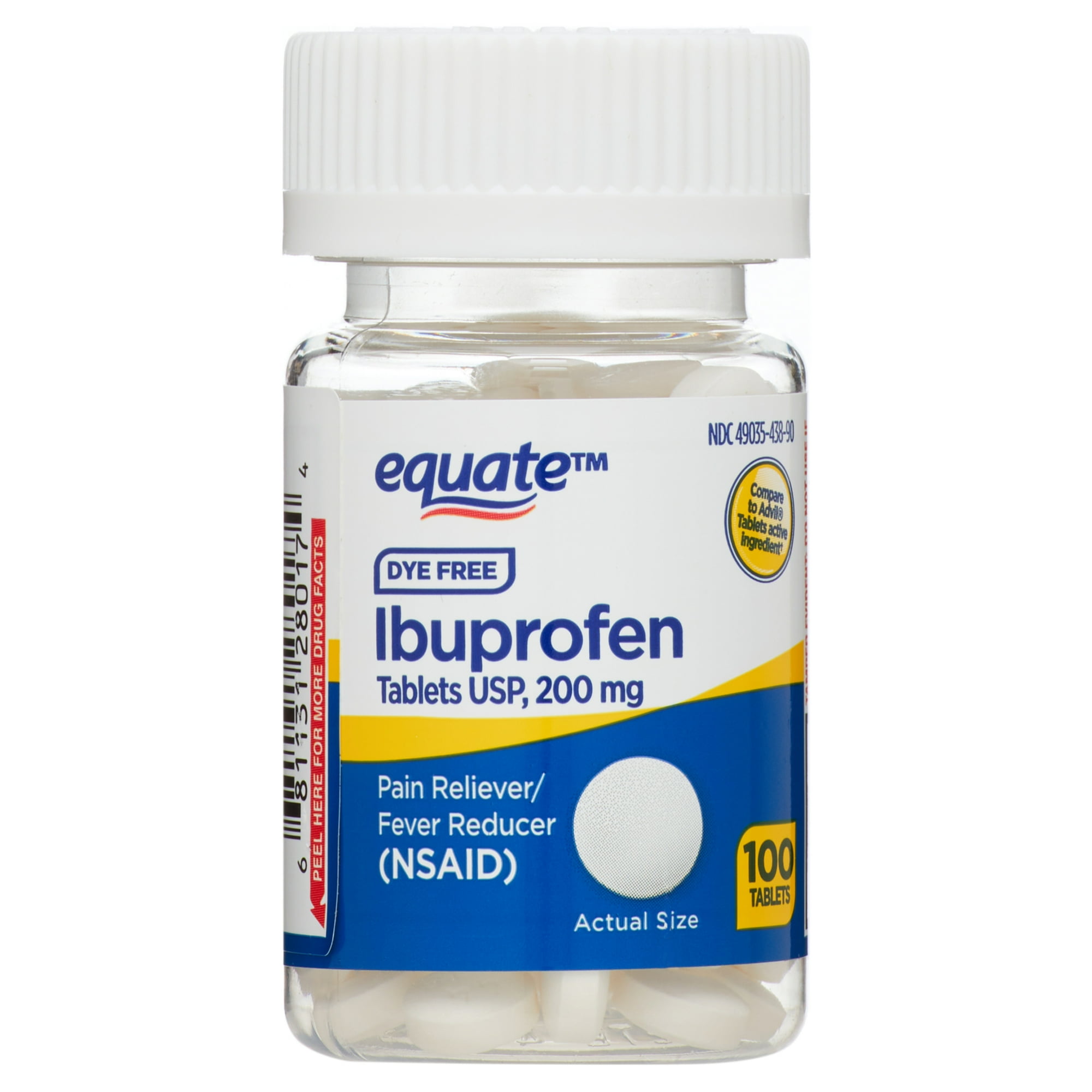Equate Dye-Free Ibuprofen Tablets, 200 mg, Pain Reliever and Fever Reducer, 100 Count, Compare to AdvilÂ® Tablets Active Ingredient