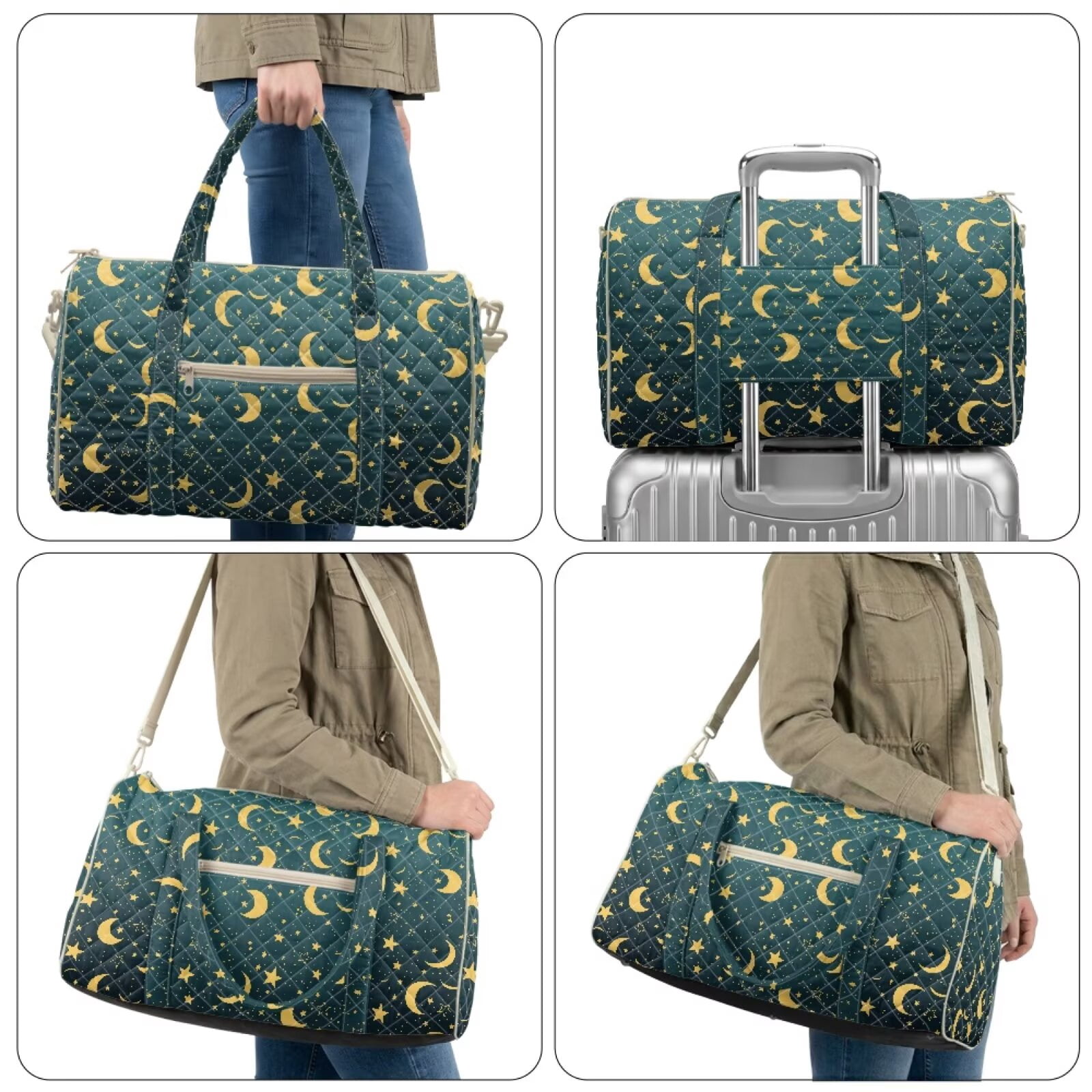 Chririnla Luggage Bag Travel Bags for Women Large Overnight Bag with Shoulder Strap & Handle Dual Design for Bussiness, Blue Moon & Star Print