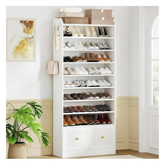 Shoe Cabinet, 36-40 Pair Shoe Organizer, 10 Tier Wooden Shoe Rack with Drawers, Freestanding Shoe Storage for Entryway - White