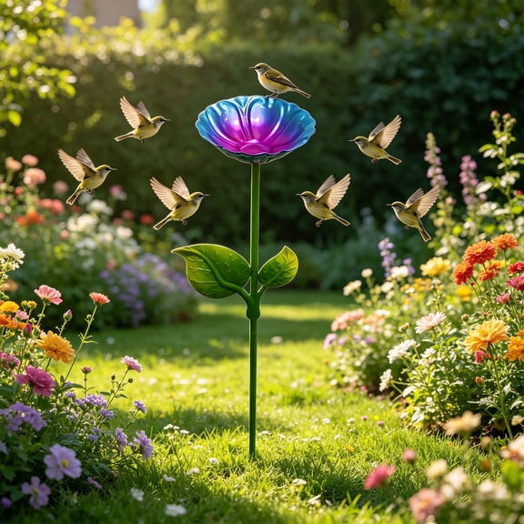 POLISE Spaces Vibrant Flower Metal Bird Feeder Garden Stake Weatherproof Decorative Feeding Station in 3 Color Options for Outdoor Yard Lawn Or Patio Use