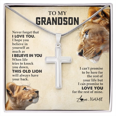 To My Grandson from Grandma Nana Never Forget I Love You Lion Grandson Birthday Graduation Box Message Card, Multi Cross Necklace