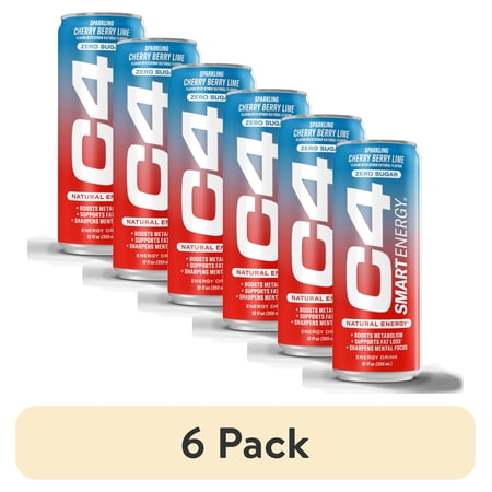 (6 pack) C4 Smart Energy Drink, Sparkling Cherry Berry Lime, 12oz, Single Can