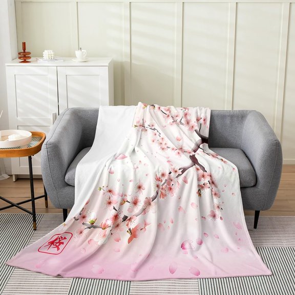 Pink Cherry Blossom Throw Blanket for Couch Sofa Bed Fluffy Soft Warm Microfiber Fleece Blanket