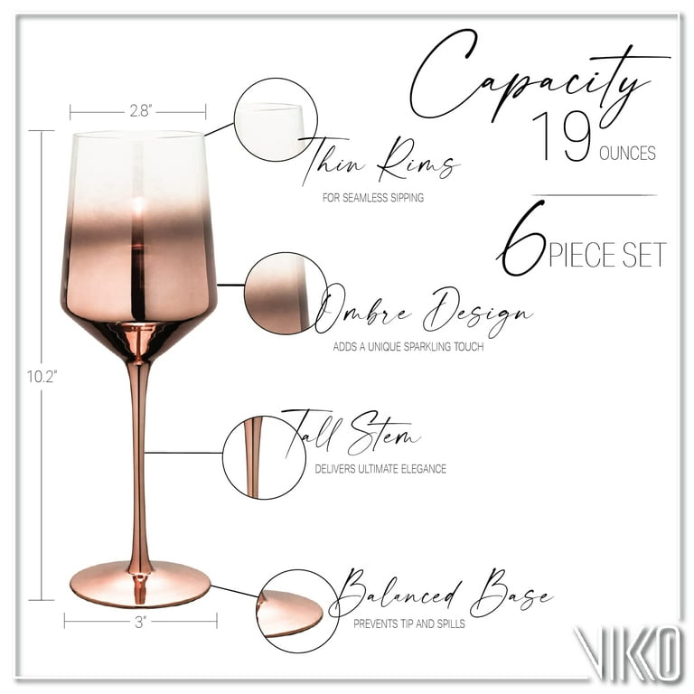 Vikko Décor Copper Ombre Red Wine Glasses  Thin, Handblown Glass - Tall,  Elegant Stem - Dishwasher Safe - Large 19 Ounce Cup - Great Gift Idea - Set  of 4 Wine Glasses 