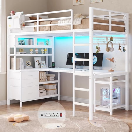 DICTAC Twin Loft Bed with L-Shaped Desk,Bookshelf and Glass Cabinet,Gaming Loft Bed Twin Size with Led Lights,Hutch and Charging Station,Metal Loft Beds for Teen with Safety Guardrail and Stair,White