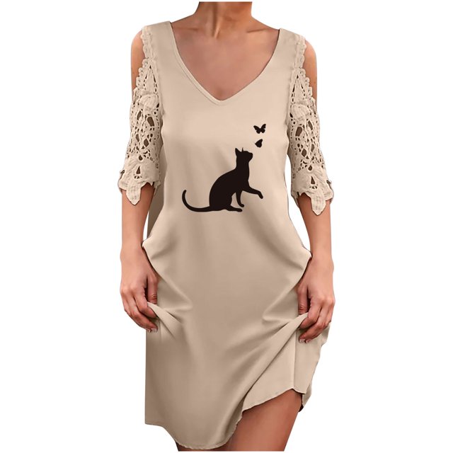 Vestidos de manga corta con hombros descubiertos y encaje con cuello en V estampado sexy de verano para mujer Fridja bnh5657