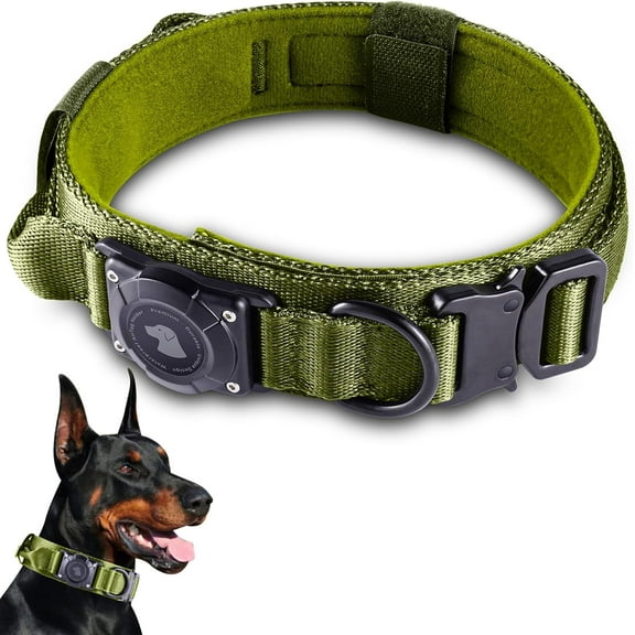 2025 Upgrade Waterproof AirTag Dog Collar, Military Tactical Dog Collar with AirTag Holder, Comfortable Control Handle and Metal Buckle, GPS Dog Collar Holder for Medium to Large Dogs (Khaki,L)