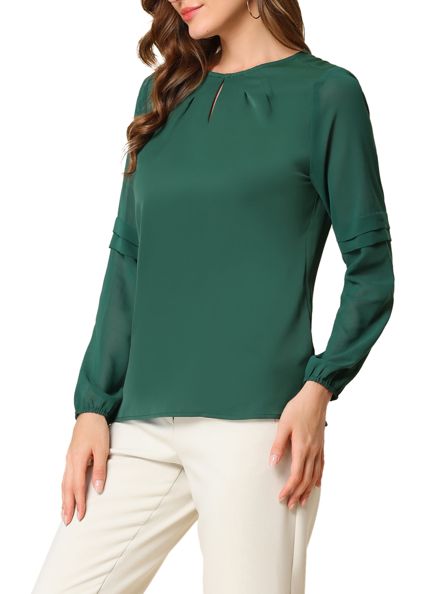 Unique Bargains Women's Chiffon Semi Sheer Long Sleeves Keyhole Neck Blouse M Dark Green