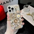 thumbnail image 2 of for iPhone 14 Pro Max Bling Diamond Case with Flower Strap, 3D Luxury Sparkle Glitter Crystal Rhinestone Pearl Love Rose Wristband Bracelet Case Cover for Girls Women Kids (White), 2 of 11