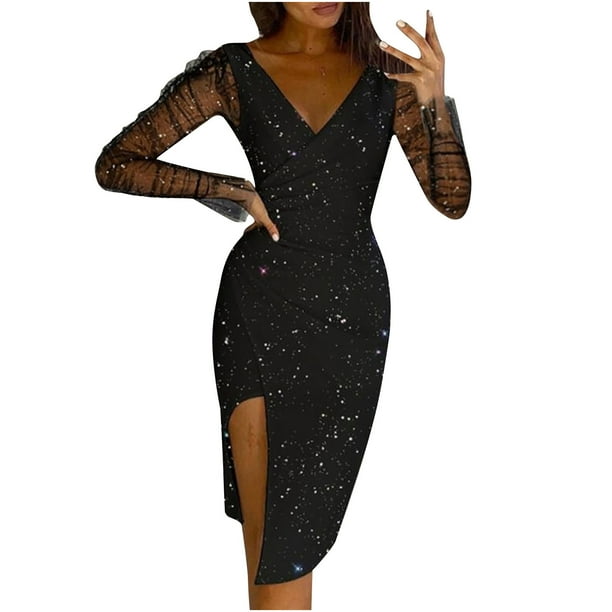 Women's Sexy Bodycon Party Dress Sheer Mesh See Through Long Sleeve V Neck  Glitter Club Outfits Party Club Night Dress 