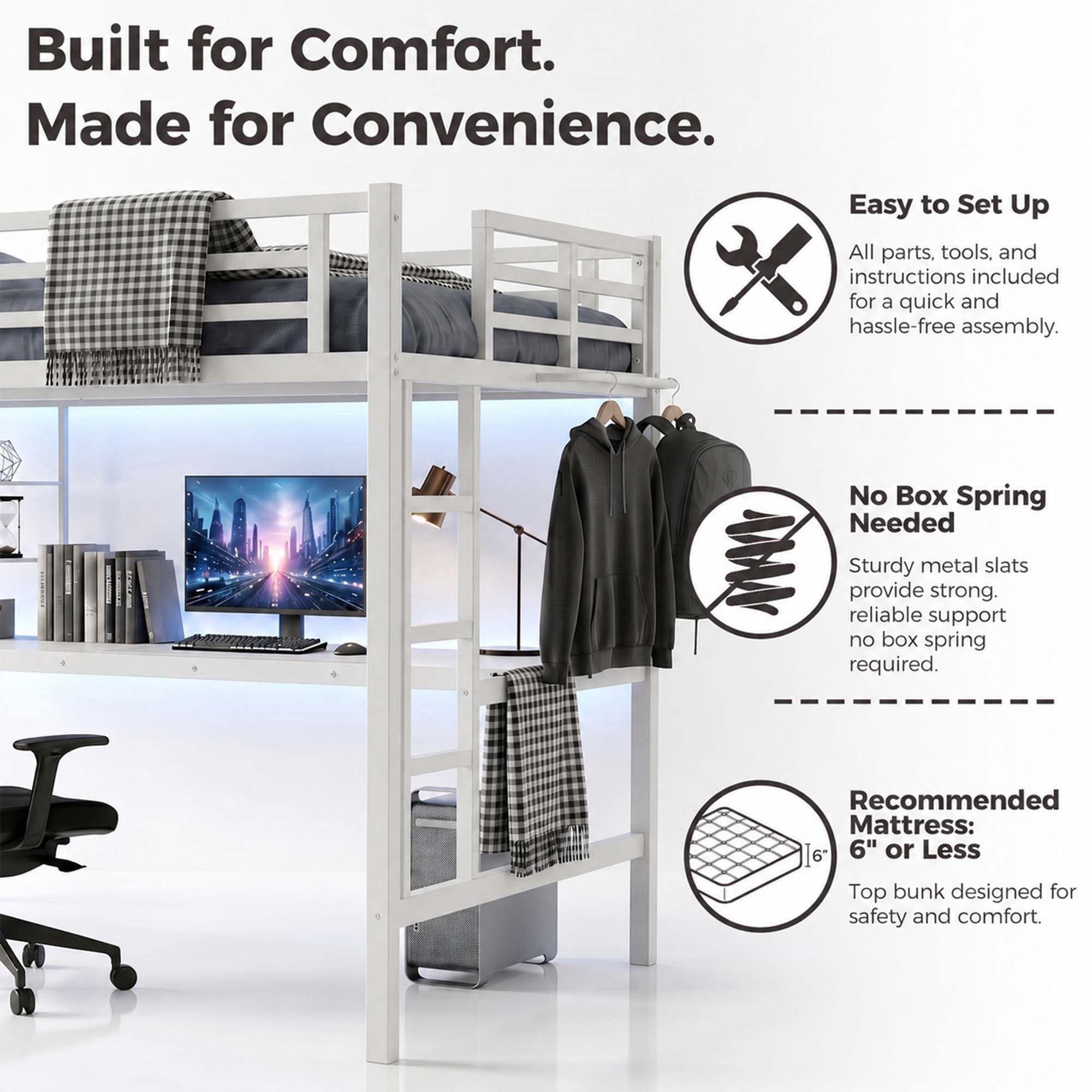Miniyam Full Size Metal Loft Bed with Desk and Storage Shelf,Charging Station and LED Lights,White