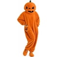 thumbnail image 4 of Unisex Adult Pumpkin Onesie Costume Pajamas, Jack-O'-Lantern Plush Fleece One Piece Jumpsuit Sleepwear with Hood and Pockets for Halloween Cosplay,Big Mouth Monster Homewear, 4 of 10
