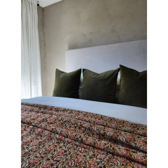 Moody floral Amanda Quilt Handblock Print floral Kantha Indian Netural Colour Indian inspired Bedding Hand charismas bedding ideas A And E Textiles House