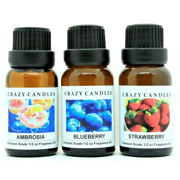 Crazy Candles 3 Bottles Set, 1 Ambrosia, 1 Blueberry, 1 Strawberry 1/2 Fl Oz Each (15ml) Premium Grade Scented Fragrance Oils