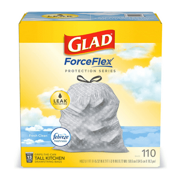 Glad ForceFlex Tall Kitchen Drawstring Trash Bags, 13 Gal, Fresh Clean Scent with Febreze, 110 Ct