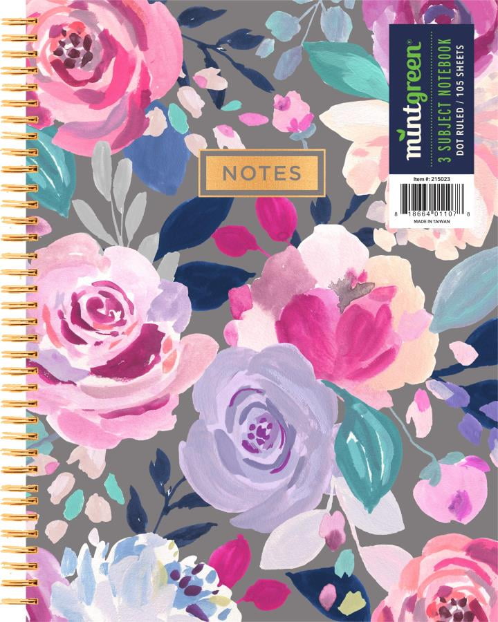Mintgreen Spiral Notebook, Dot Ruled, 3 Subject, 105 Sheets, 7.375" x 9