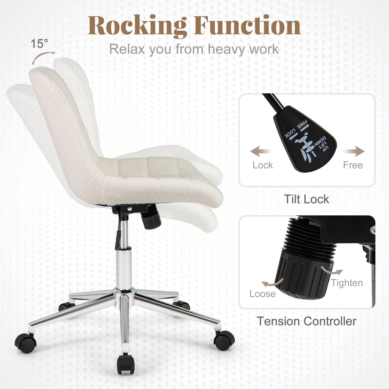 Costway Upholstered Armless Office Chair with Adjustable Height & Wheels for Small Spaces White